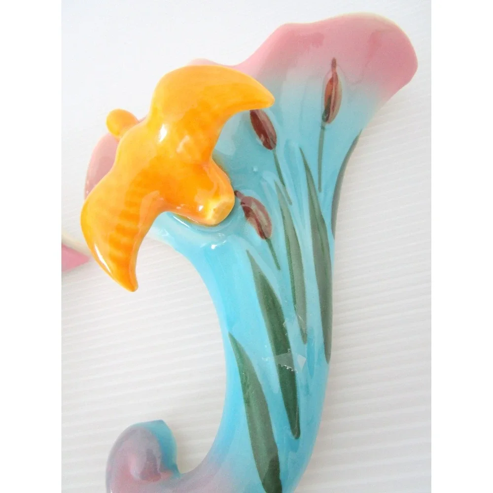 Vintage Mid Century Ceramic Wall Pockets Duck Cattails Blue Yellow Retro Decor